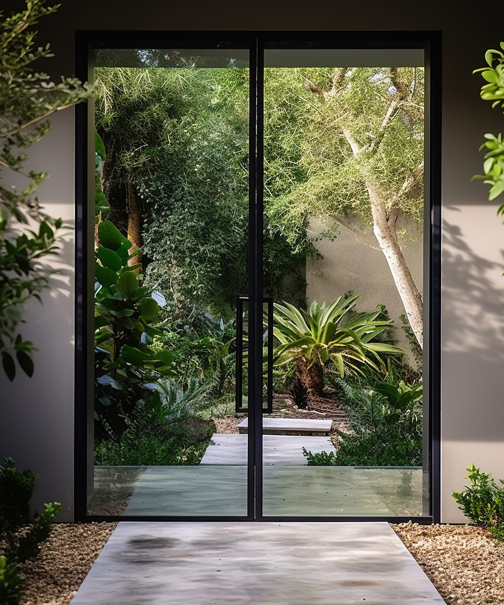Porta de vidro de correr com esquadria preta integrando sala e jardim